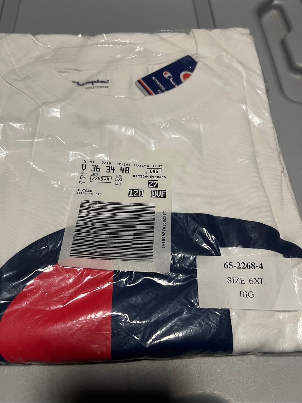 Champion Men’s White Graphic Tee with Navy & Red Logo Sz 6XL big